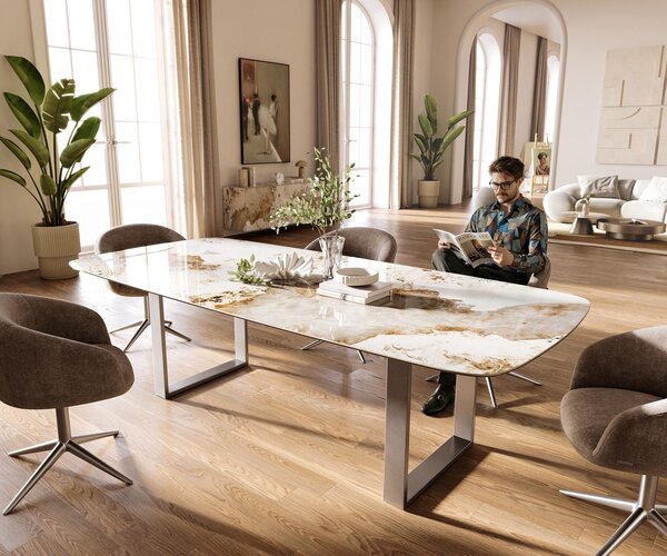 DELIFE Jedálenský stôl Edge zaoblený tvar 260×120 cm keramika Minas Melange bielo-béžová nerezová oceľ úzky
