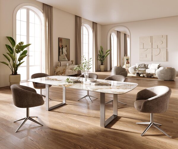 DELIFE Jedálenský stôl Edge zaoblený tvar 260×120 cm keramika Minas Melange bielo-béžová nerezová oceľ úzky