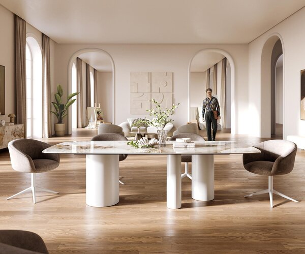 DELIFE Jedálenský stôl Edge zaoblený tvar 260×120 cm keramika Minas Melange bielo-béžová Troa kov biela