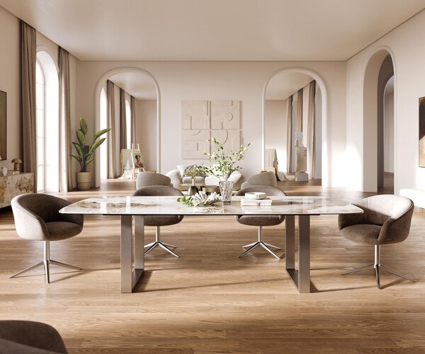 DELIFE Jedálenský stôl Edge zaoblený tvar 260×120 cm keramika Minas Melange bielo-béžová nerezová oceľ úzky