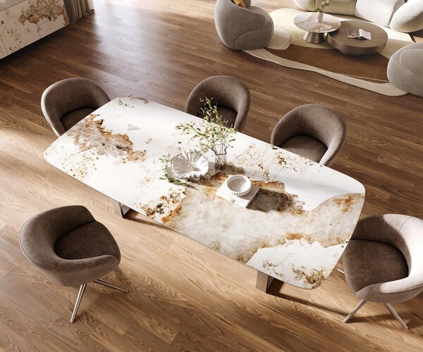 DELIFE Jedálenský stôl Edge zaoblený tvar 260×120 cm keramika Minas Melange bielo-béžová nerezová oceľ úzky