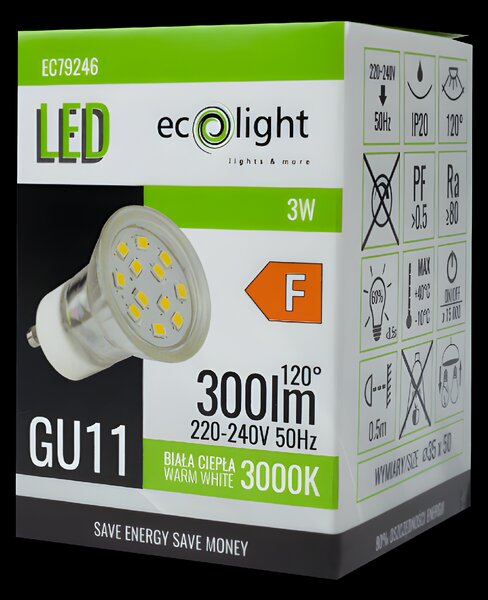 ECOLIGHT LED žiarovka GU11 3W GU10 35mm teplá farba 3000k sklo