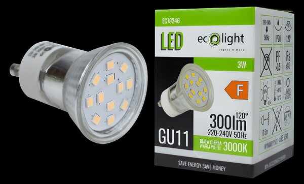 ECOLIGHT LED žiarovka GU11 3W GU10 35mm teplá farba 3000k sklo