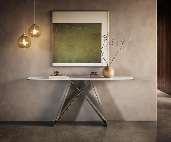 DELIFE Konzolový stolík Edge zaoblený tvar 180×40 cm keramika onyx perla Velio kov titánová farba