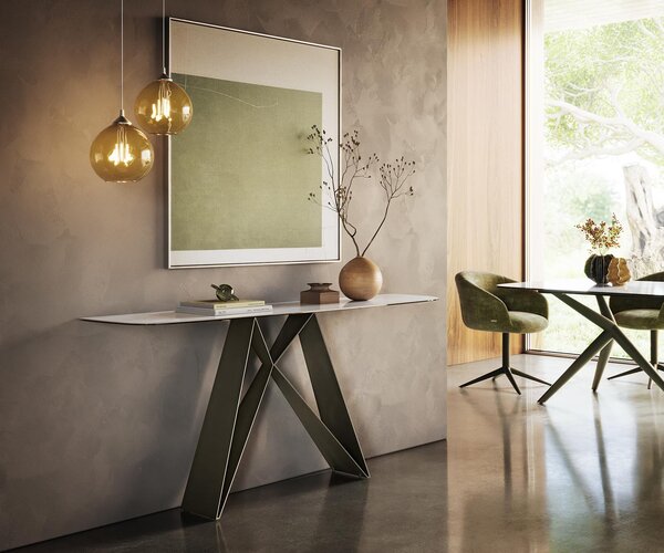 DELIFE Konzolový stolík Edge zaoblený tvar 180×40 cm keramika onyx perla Velio kov titánová farba