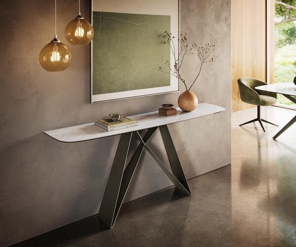 DELIFE Konzolový stolík Edge zaoblený tvar 180×40 cm keramika onyx perla Velio kov titánová farba