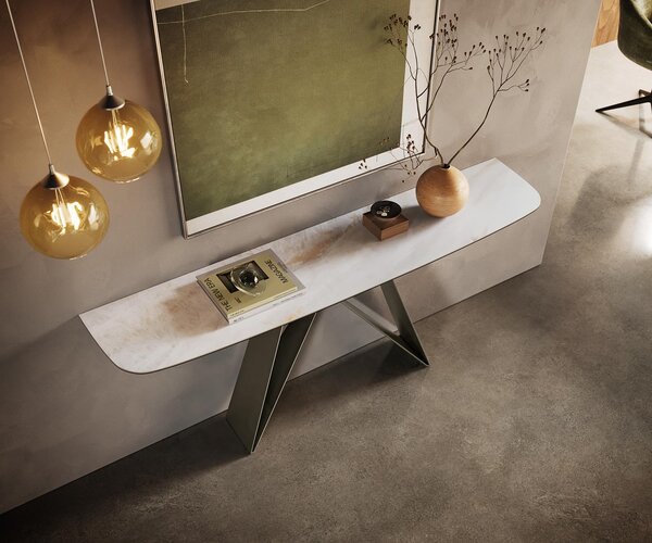 DELIFE Konzolový stolík Edge zaoblený tvar 180×40 cm keramika onyx perla Velio kov titánová farba