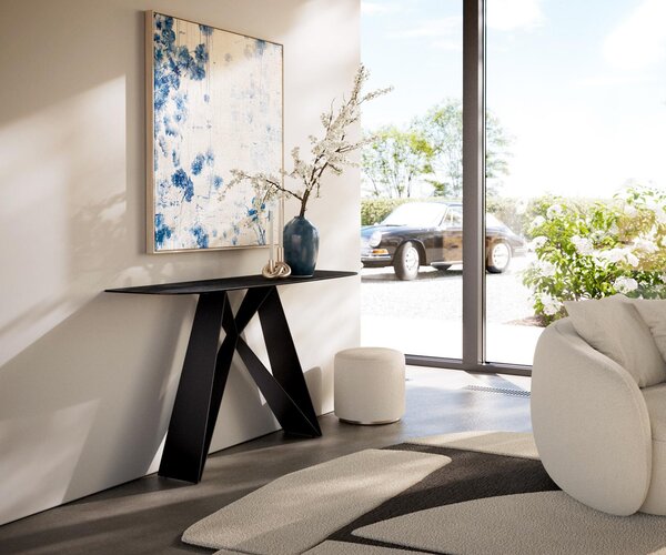 DELIFE Konzolový stolík Edge zaoblený 140×40 cm keramika Laminam® Nero Greco antracit Velio kov čierna