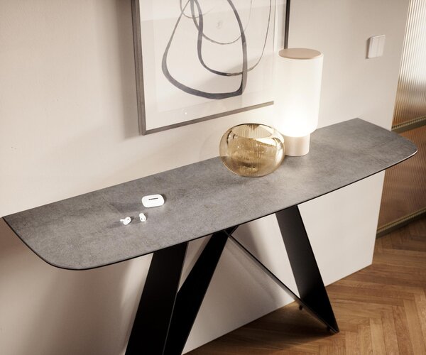 DELIFE Konzolový stolík Edge zaoblený 140×40 cm keramika betón sivá Velio kov čierna