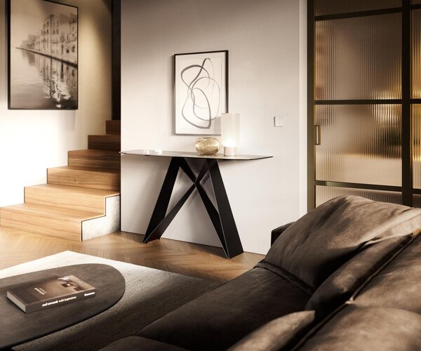 DELIFE Konzolový stolík Edge zaoblený 140×40 cm keramika betón sivá Velio kov čierna