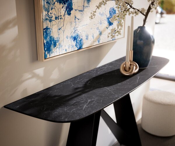 DELIFE Konzolový stolík Edge zaoblený 140×40 cm keramika Laminam® Nero Greco antracit Velio kov čierna