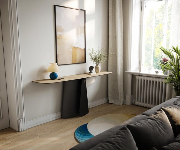 DELIFE Konzolový stolík Edge zaoblený 180×40 cm keramika Laminam® sabbia dubová farba Livos kov čierna