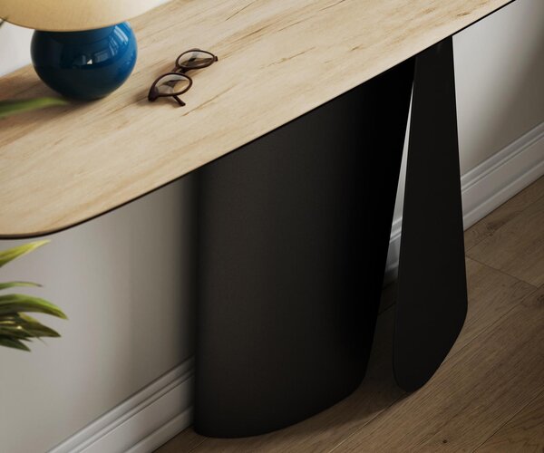 DELIFE Konzolový stolík Edge zaoblený 180×40 cm keramika Laminam® sabbia dubová farba Livos kov čierna