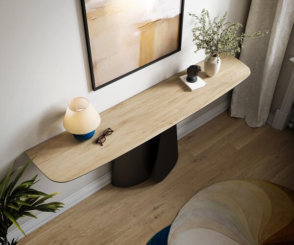 DELIFE Konzolový stolík Edge zaoblený 180×40 cm keramika Laminam® sabbia dubová farba Livos kov čierna
