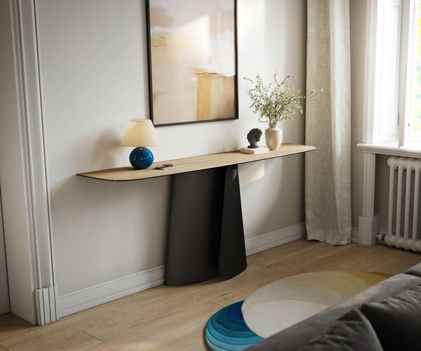 DELIFE Konzolový stolík Edge zaoblený 180×40 cm keramika Laminam® sabbia dubová farba Livos kov čierna