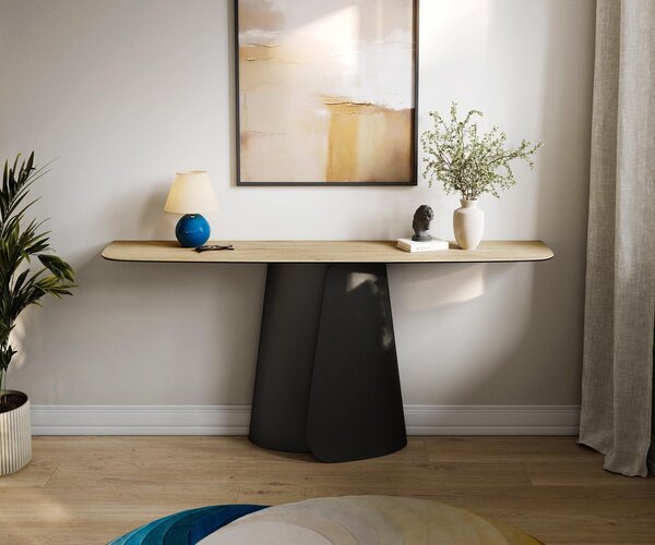 DELIFE Konzolový stolík Edge zaoblený 180×40 cm keramika Laminam® sabbia dubová farba Livos kov čierna