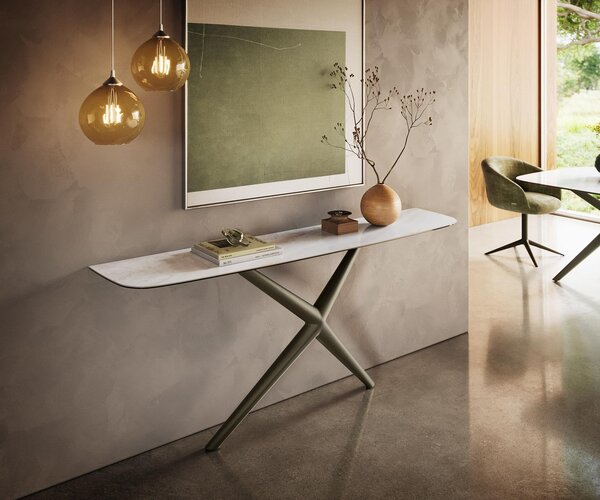 DELIFE Konzolový stolík Edge zaoblený 180×40 cm keramika onyx perla Estelo kov titánová farba