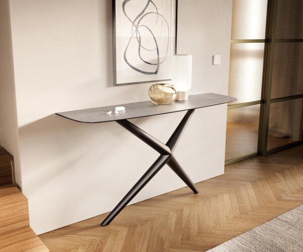 DELIFE Konzolový stolík Edge zaoblený 140×40 cm keramika betón sivá Estelo kov čierna