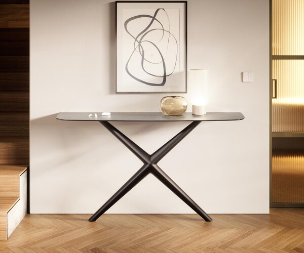 DELIFE Konzolový stolík Edge zaoblený 140×40 cm keramika betón sivá Estelo kov čierna