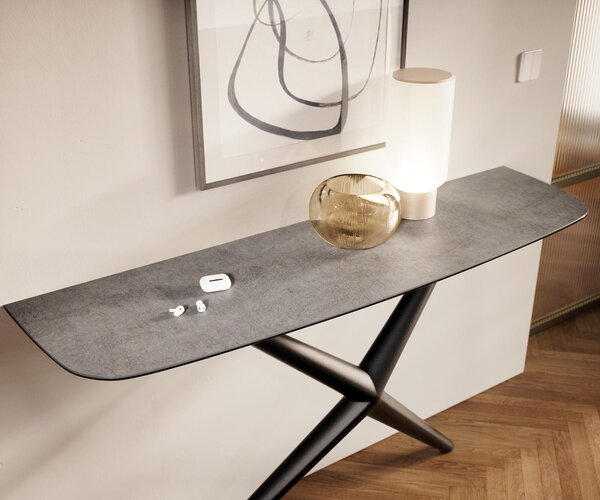 DELIFE Konzolový stolík Edge zaoblený 140×40 cm keramika betón sivá Estelo kov čierna