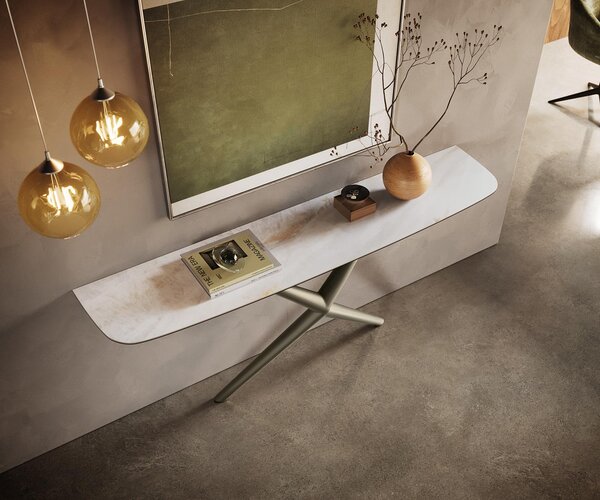 DELIFE Konzolový stolík Edge zaoblený 180×40 cm keramika onyx perla Estelo kov titánová farba