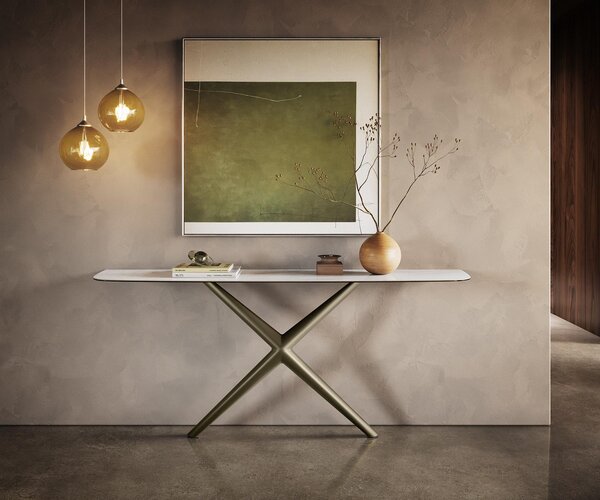 DELIFE Konzolový stolík Edge zaoblený 180×40 cm keramika onyx perla Estelo kov titánová farba