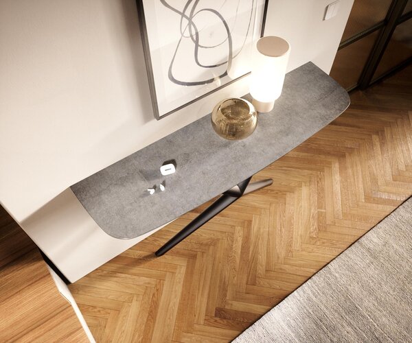 DELIFE Konzolový stolík Edge zaoblený 140×40 cm keramika betón sivá Estelo kov čierna