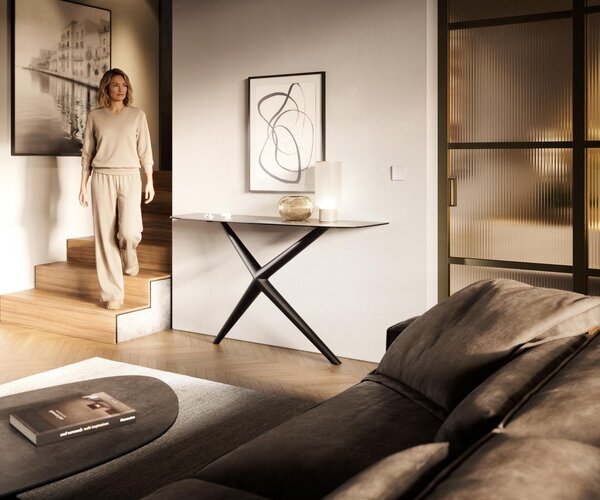 DELIFE Konzolový stolík Edge zaoblený 140×40 cm keramika betón sivá Estelo kov čierna