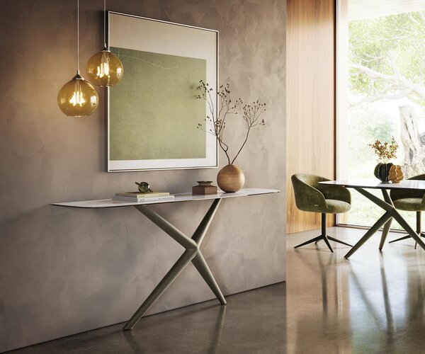 DELIFE Konzolový stolík Edge zaoblený 180×40 cm keramika onyx perla Estelo kov titánová farba