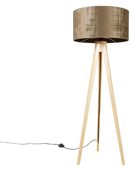 Stojacia lampa drevená s látkovým tienidlom hnedá 50 cm - Tripod Classic