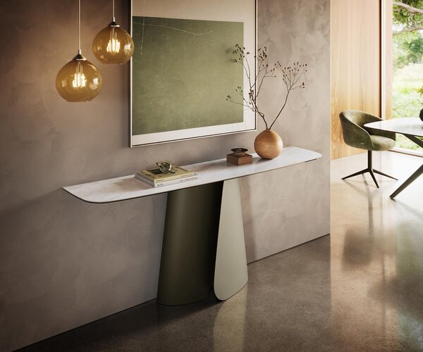 DELIFE Konzolový stolík Edge zaoblený tvar 180×40 cm keramika Onyx Pearl Livos kov titánová farba