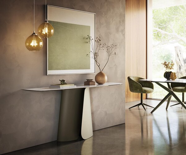 DELIFE Konzolový stolík Edge zaoblený tvar 180×40 cm keramika Onyx Pearl Livos kov titánová farba