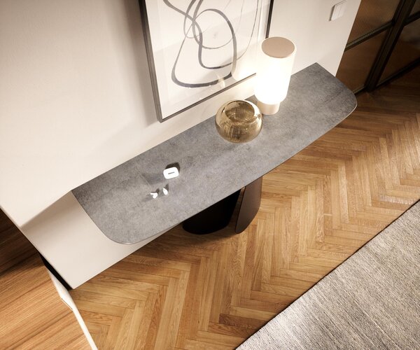 DELIFE Konzolový stolík Edge zaoblený 140×40 cm keramika betón sivá Livos kov čierna