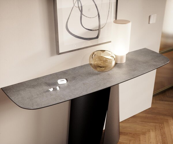 DELIFE Konzolový stolík Edge zaoblený 140×40 cm keramika betón sivá Livos kov čierna