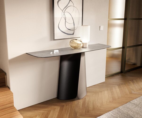 DELIFE Konzolový stolík Edge zaoblený 140×40 cm keramika betón sivá Livos kov čierna