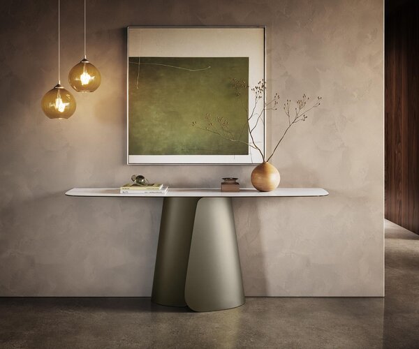DELIFE Konzolový stolík Edge zaoblený tvar 180×40 cm keramika Onyx Pearl Livos kov titánová farba