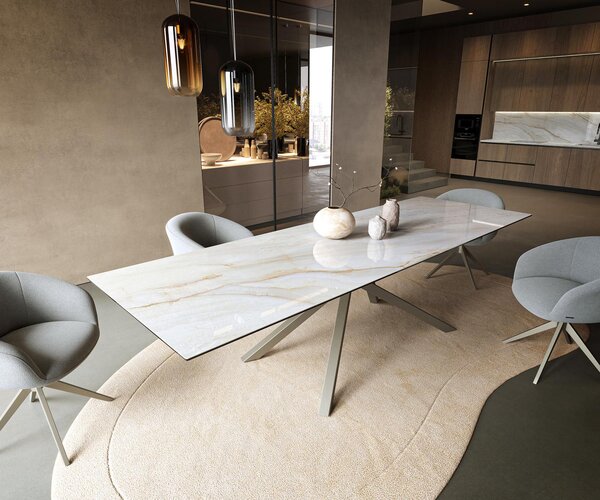 DELIFE Jedálenský stôl Edge 300×100 cm keramika Onyx Pearl krížová podstava hranatý titánová farba
