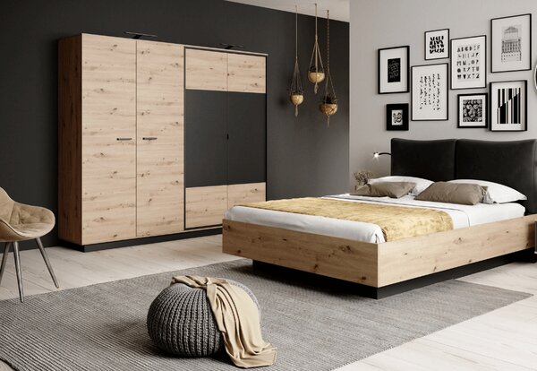 Šatníková pántová skriňa NASO 220 cm, dub remeselný + čierna Druh: S LED