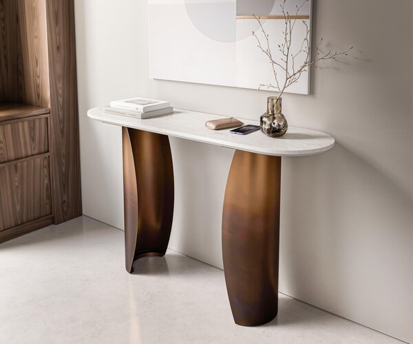 DELIFE Konzolový stolík Solena 135x40 cm mramor biela kov zlatá Fusion Finish