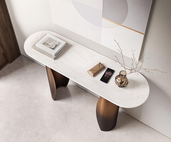 DELIFE Konzolový stolík Solena 135x40 cm mramor biela kov zlatá Fusion Finish