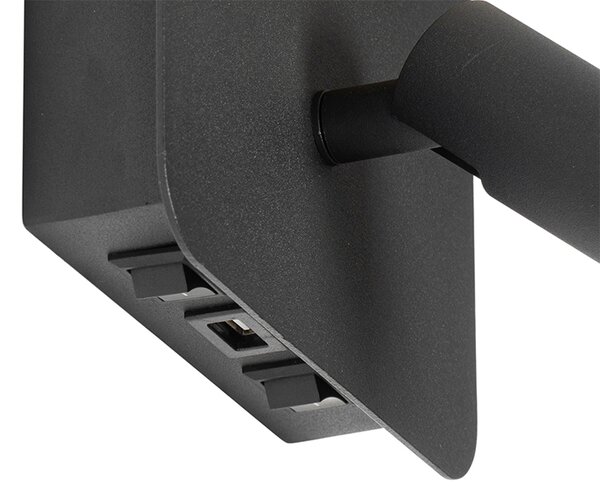 Nástenná lampa čierna vrátane LED s USB a lampou na čítanie s vypínačom - Robin