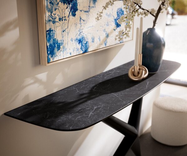 DELIFE Konzolový stolík Edge zaoblený 140×40 cm keramika Laminam® Nero Greco antracit Estelo kov čierna