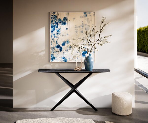 DELIFE Konzolový stolík Edge zaoblený 140×40 cm keramika Laminam® Nero Greco antracit Estelo kov čierna