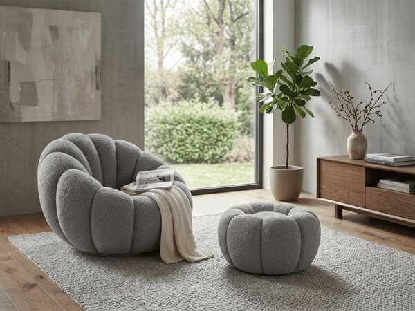 Dizajnové kreslo BLOOM s taburetom, sivá