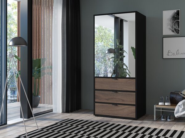 Šatníková skriňa Cade s zrkadlom 90cm, čierna + orech