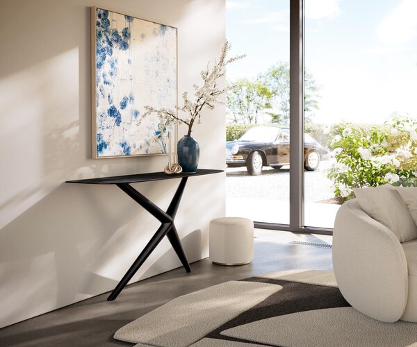 DELIFE Konzolový stolík Edge zaoblený 140×40 cm keramika Laminam® Nero Greco antracit Estelo kov čierna