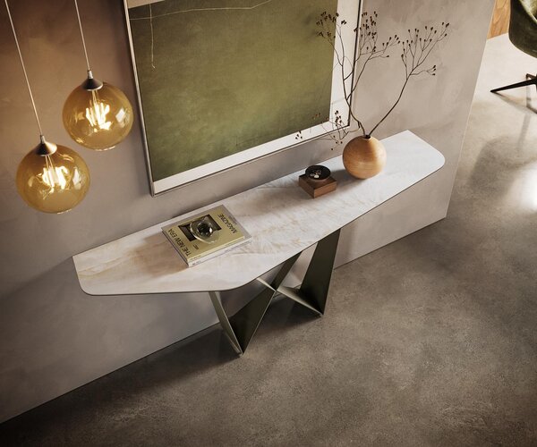 DELIFE Konzolový stolík Edge polygonálny 180×50 cm keramika onyx perla Spios kov titánová farba