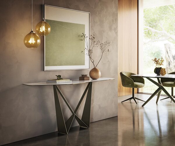 DELIFE Konzolový stolík Edge polygonálny 180×50 cm keramika onyx perla Spios kov titánová farba