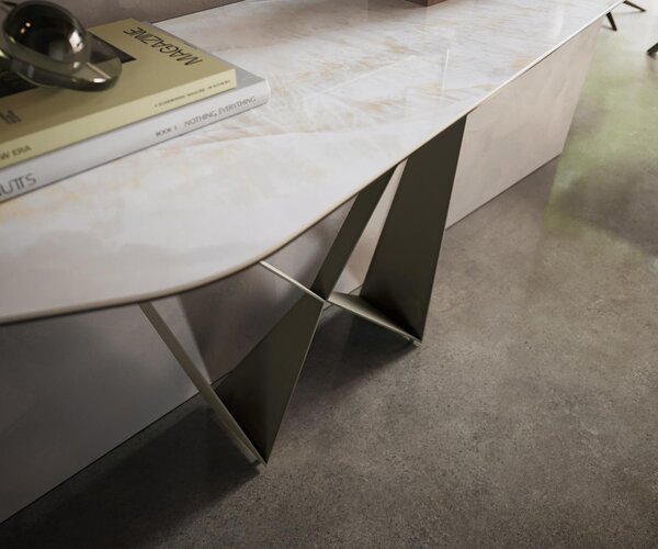 DELIFE Konzolový stolík Edge polygonálny 180×50 cm keramika onyx perla Spios kov titánová farba