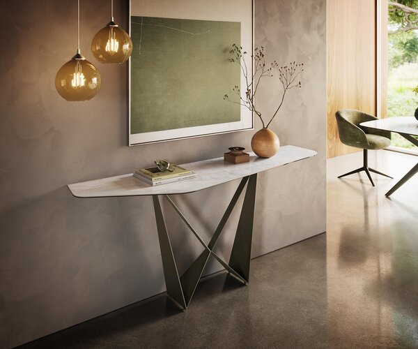 DELIFE Konzolový stolík Edge polygonálny 180×50 cm keramika onyx perla Spios kov titánová farba